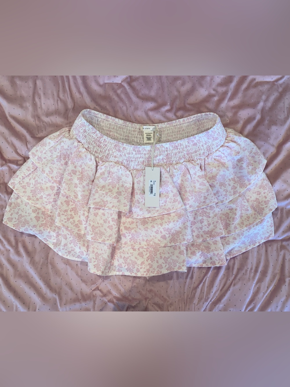 Altar’d State Pink and Ivory Floral Tiered Ruffle Mini Skirt w/ Built in Shorts